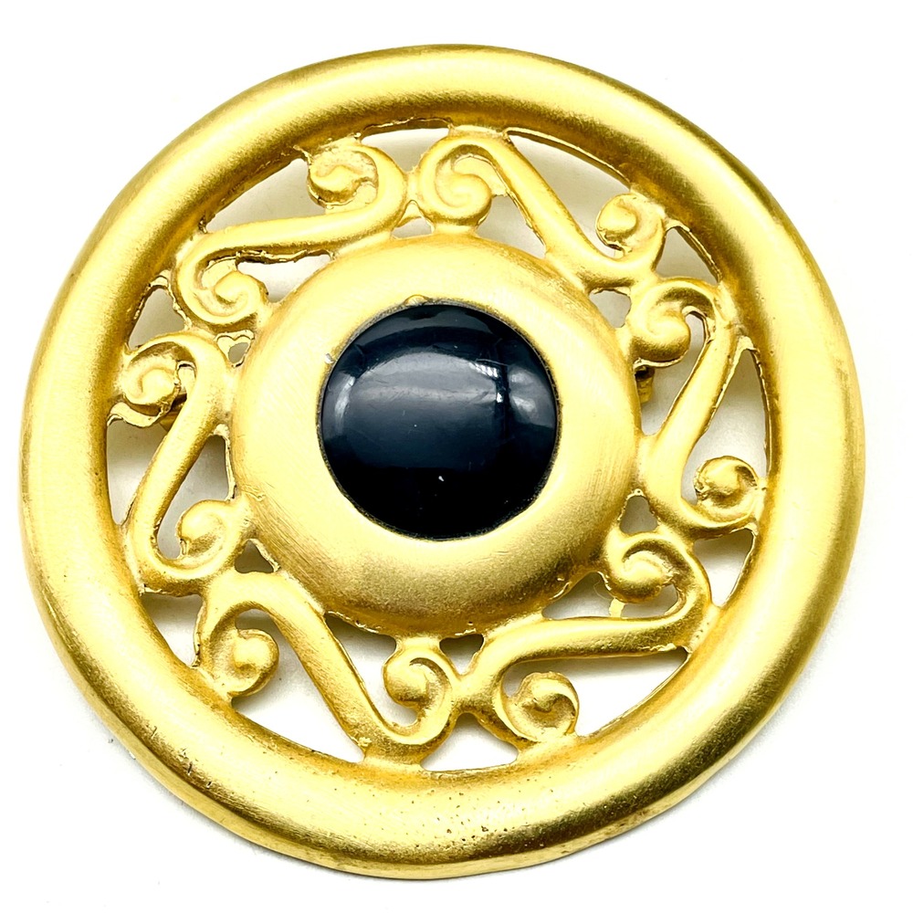 Gold Tone Swirl Brooch Black Enamel Center Vintage Style Round Pin